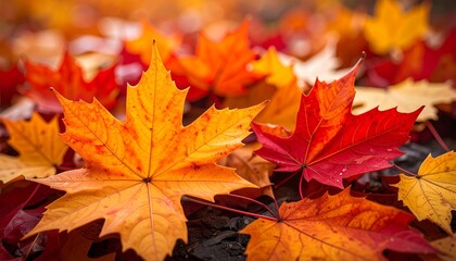 Autumn Leaves with Red, Orange, and Yellow Closeup.