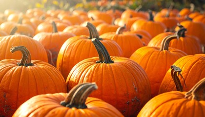 Autumn pumpkins in sunlight with field view.