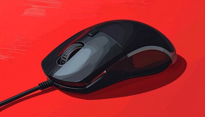A black computer mouse with cord, resting on a bold red surface. Vector illustration style