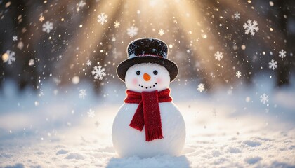 Happy Snowman in Winter Wonderland with Snow Flurries and Sun Rays