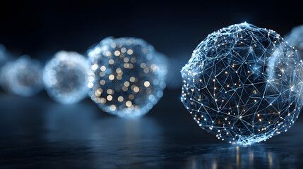 Uturistic wireframe christmas balls in low poly 3d style on blue background featuring glowing lines and digital festive decoration, perfect for modern merry christmas and new year 2026 banner design w