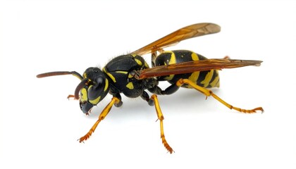 A close-up view of a wasp, showcasing its yellow and black stripes, wings, and legs against a white backdrop