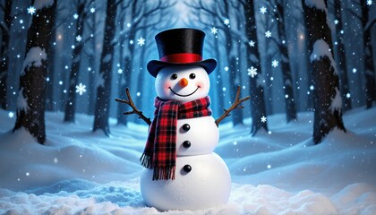 Obraz premium Cheerful Snowman Smiling in Winter Wonderland with Snowflakes Falling