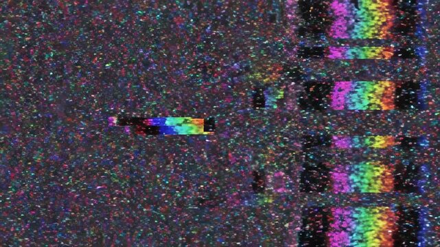 Rapid data stream corruption causing severe pixelation and colorful static interference on a completely blank dark background effect, vintage, futuristic