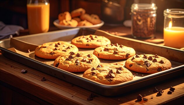 Baked chocolate chip cookies on a baking sheet, with drink and jar of ingredients, natural light - Powered by Adobe