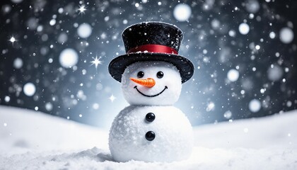 Fototapeta premium Cheerful Snowman with Black Hat and Carrot Nose in Winter Wonderland