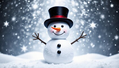 Obraz premium Joyful Smiling Snowman in Winter Wonderland with Falling Snow