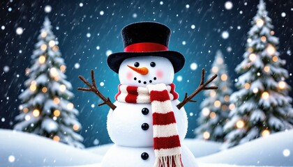 Fototapeta premium Joyful Snowman in Winter Wonderland with Christmas Tree Background