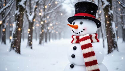 Cheerful Snowman Surrounded by Snow-Covered Trees in Winter Scene