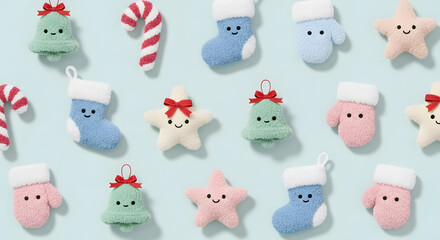 Cute Christmas Ornaments on Blue Background: Bells, Stars, Stockings, Mittens, Candy Canes