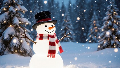 Charming Snowman Decorated with Scarf in Winter Wonderland Scene