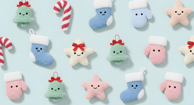 Cute Christmas Ornaments on Blue Background: Bells, Stars, Stockings, Mittens, Candy Canes