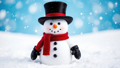 Obraz premium Charming Snowman in Winter Scene with Snowflakes Falling Down