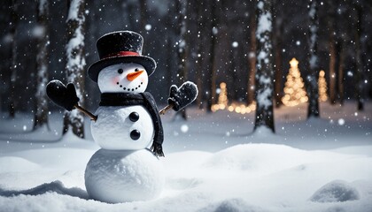 Obraz premium Playful Snowman in a Winter Scene Surrounded by Snowy Forest