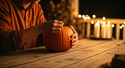 Cozy autumn vibes as a man carves a pumpkin on a wooden table, illuminated by warm candlelight, embracing the joy of Halloween traditions