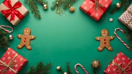 Christmas border with gingerbread man, gift boxes, candy canes, and pine