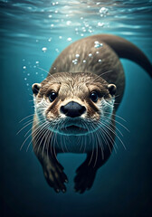 Adorable otter swimming playfully underwater, exploring with curiosity and joy, creating a splash of fun and wonder for nature lovers and wildlife enthusiasts