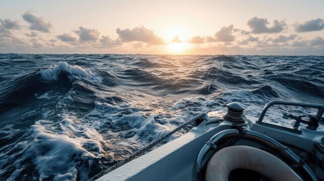 A boat sailing through choppy waves at sunset. The bow of the boat is visible, with the vast ocean stretching towards the horizon.