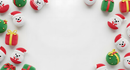 Festive Christmas Frame with Santa Faces and Gifts on White Background. 3D Render