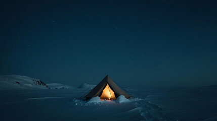 A lone tent glows warmly under the starry night sky in a snow-covered landscape, offering a tranquil refuge in the winter wilderness. Footprints mark the path to this peaceful haven.