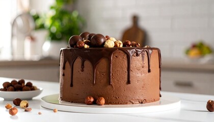 Chocolate cake with hazelnuts and toppings.