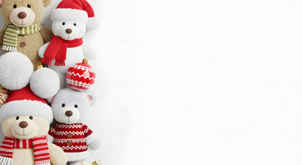 Festive Christmas Teddy Bears with Ornaments on White Background with Copy Space