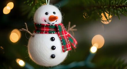 Festive Snowman Ornament Hanging on Christmas Tree with Bokeh Lights