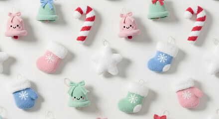 Festive Christmas Ornament Flat Lay on White Background with Cute Holiday Decor