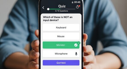 Person holding smartphone displaying an interactive online knowledge test application