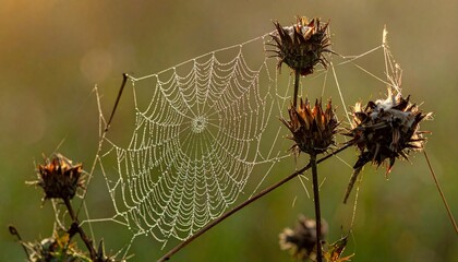 Dewcovered spider web on dried thistle.