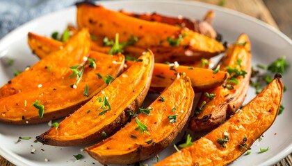 Close-up of roasted sweet potato wedges on a white plate, seasoned with herbs