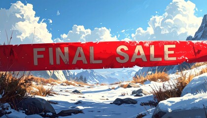 Digital painting depicting a snowy mountain scene with a red banner proclaiming "FINAL SALE.