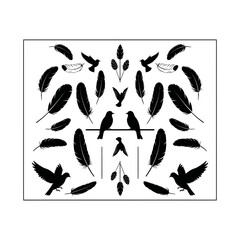 Charming collection of silhouetted birds and delicate feathers creates a whimsical, natural artistic composition perfect for design projects.