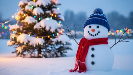 Fototapeta premium Festive Snowman in a Winter Wonderland with Twinkling Christmas Lights