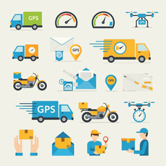 Dynamic delivery services illustrated with trucks drones motorcycles and people bringing packages fast and efficiently for modern logistics