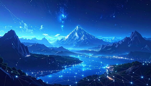 Digital Mountain Landscape and Network.