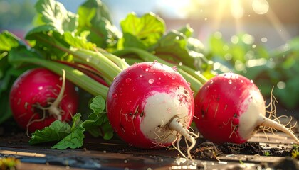 Close-up of freshly harvested red radishes with vibrant green leaves on a wooden surface