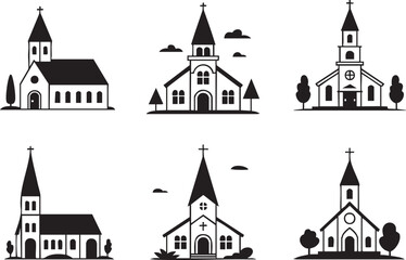 Fototapeta premium Collection of six church illustrations in minimalist black and white design