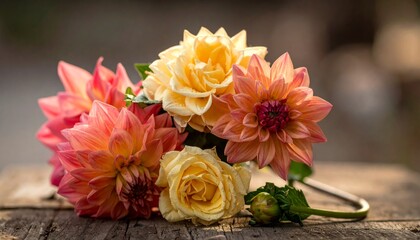 Close-up of vibrant bouquet, soft focus background, various hues of orange and yellow