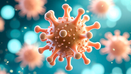 3D Illustration of Orange Viral Particle Floating in Teal Microscopic Background – Detailed Scientific Visualization of Virus Structure