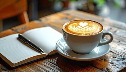 Coffee cup with notebook, and pen on wooden table.