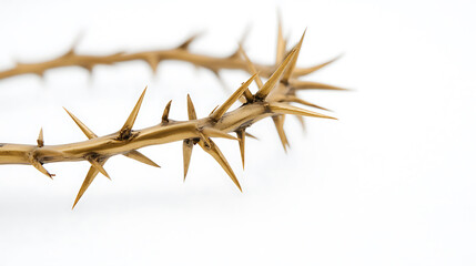 Golden crown of thorns, a symbol of sacrifice and suffering, set against a pristine white background. Represents strength in adversity & enduring spirit. A powerful symbol.