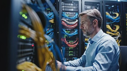 IT Professional Troubleshooting Server Room Network Cables. - Powered by Adobe