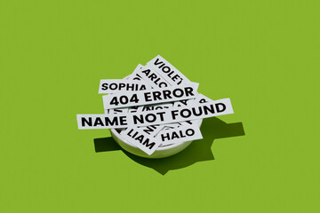 a bowl with baby name labels and a 404 error name not found message