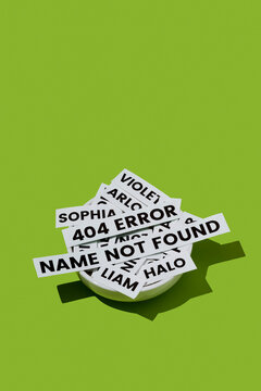 baby names in a white bowl and the message 404 error name not found