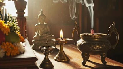 Serene Buddhist Altar: Light, Incense, and Buddha Statue