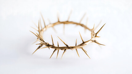 Obraz premium Symbolic crown of thorns on pure white background evokes themes of sacrifice. Striking contrast between the sharp thorns and the stark, pristine backdrop.