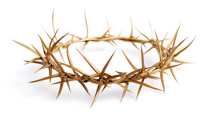 A golden crown of thorns sits on a stark white surface, its sharp points radiating outwards. The metallic hue contrasts with the organic feel of the woven branches. Striking.