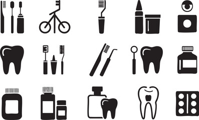 Dental care and oral hygiene icons set in black and white