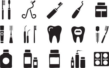Dental hygiene and oral care products in black and white illustration